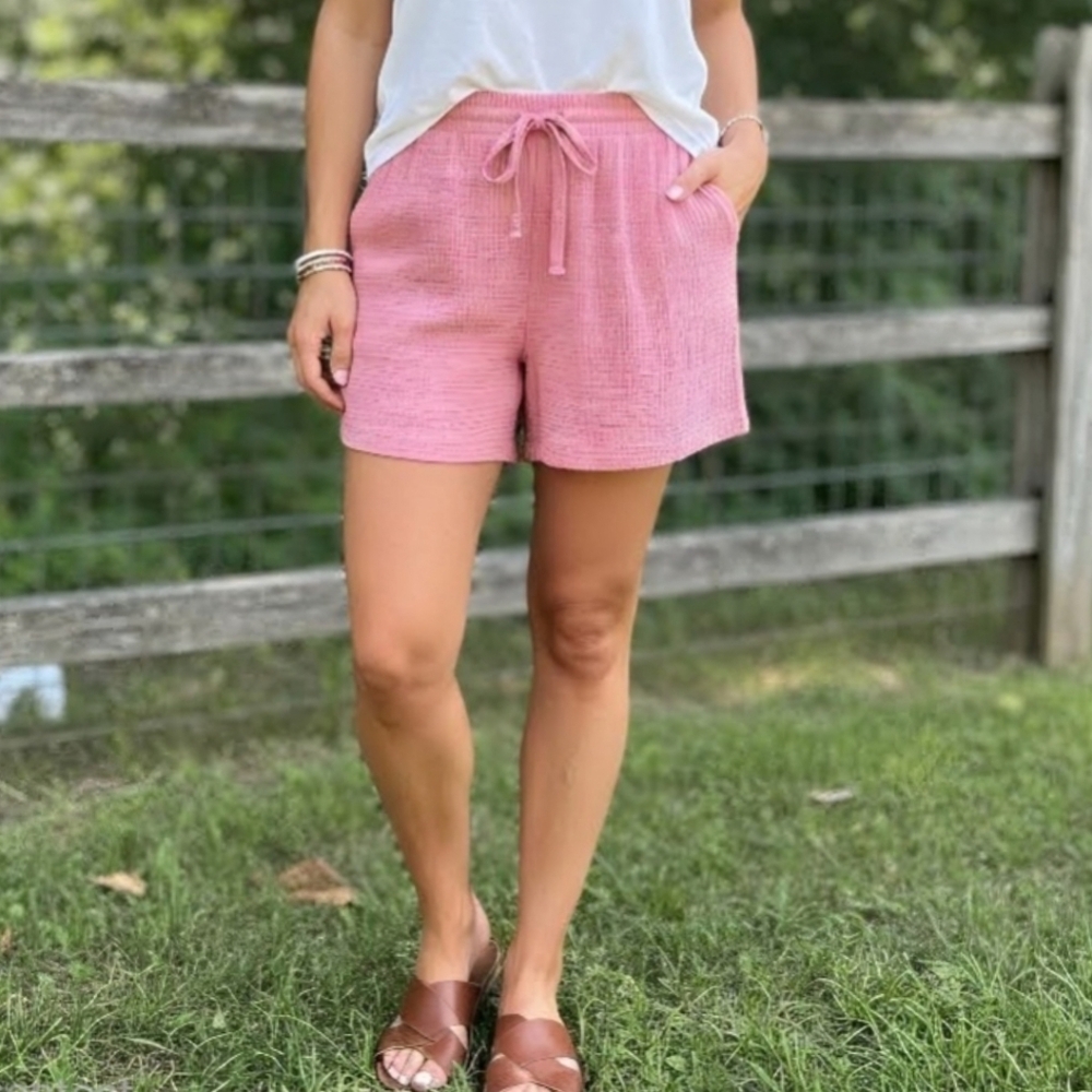 New! Angels Gauzy Cotton High Waist Stripes Pull On Pink Shorts